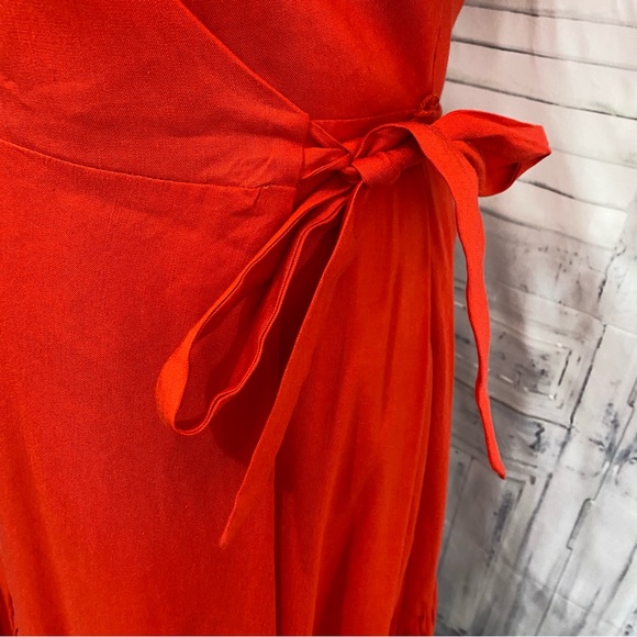 Antonio Melani Solid Red Linen Surplice V-Neck Short Puff Sleeve Wrap Tie Dress - Picture 8 of 15